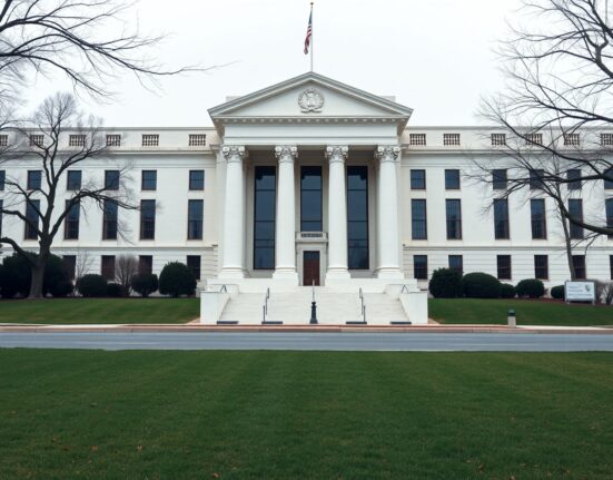 Exterior of the Federal Reserve building in Washington, D.C., under overcast sky