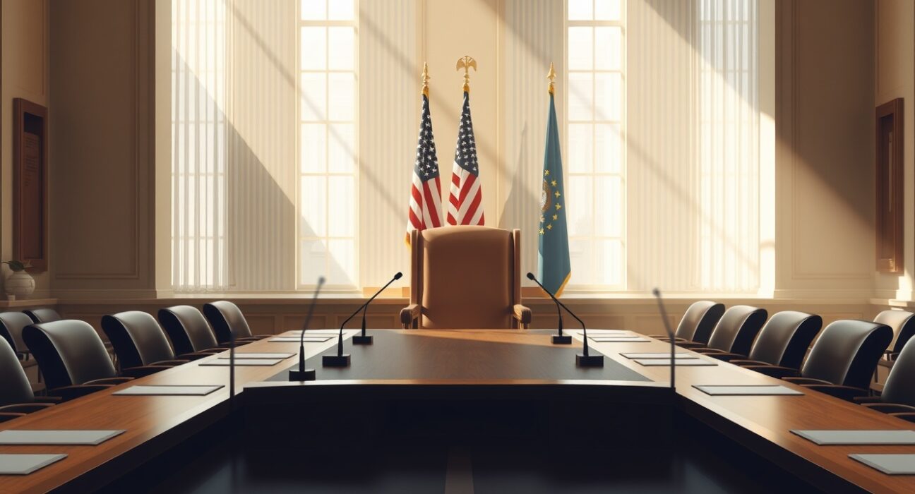 Federal Reserve Board room with empty chair symbolizing leadership change and rate-cut pressure analyzed by Commerzbank.