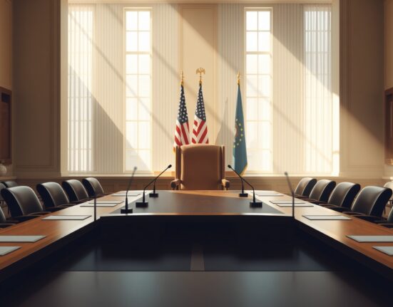 Federal Reserve Board room with empty chair symbolizing leadership change and rate-cut pressure analyzed by Commerzbank.