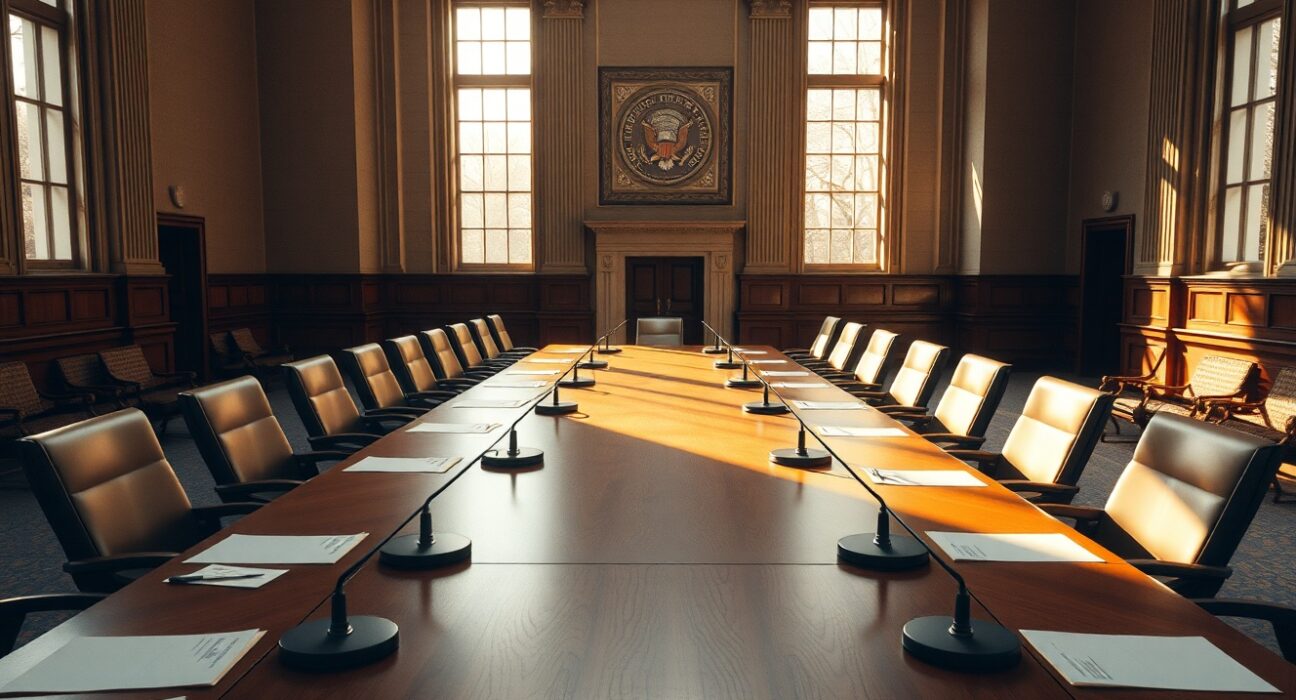 Empty conference room at the Federal Reserve building with a long wooden table and chairs, symbolizing upcoming policy deliberations.