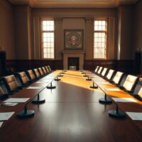 Empty conference room at the Federal Reserve building with a long wooden table and chairs, symbolizing upcoming policy deliberations.