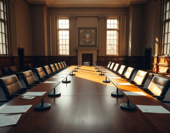 Empty conference room at the Federal Reserve building with a long wooden table and chairs, symbolizing upcoming policy deliberations.