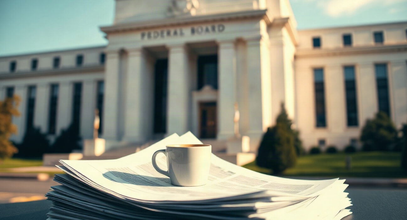Federal Reserve Board Building in Washington, D.C., with economic reports on a desk in foreground