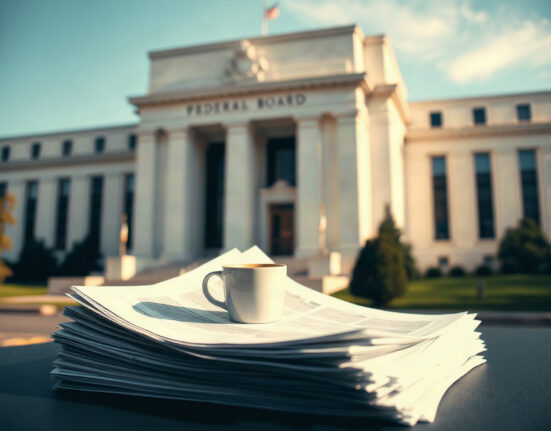 Federal Reserve Board Building in Washington, D.C., with economic reports on a desk in foreground