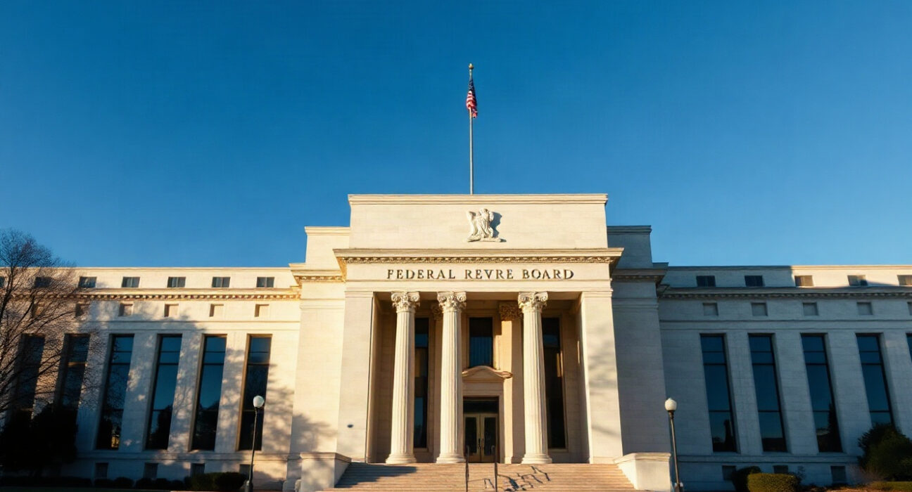 Federal Reserve building in Washington, D.C., with clear sky and institutional mood
