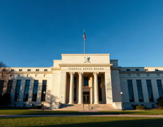 Federal Reserve building in Washington, D.C., with clear sky and institutional mood