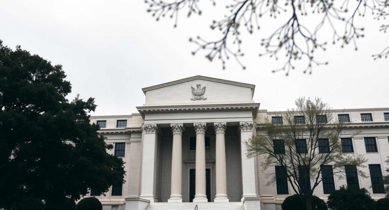 Exterior of the Federal Reserve building in Washington, D.C., under overcast skies.