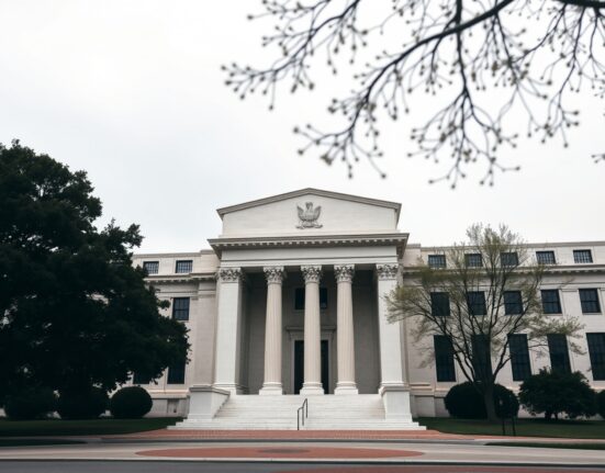 Exterior of the Federal Reserve building in Washington, D.C., under overcast skies.