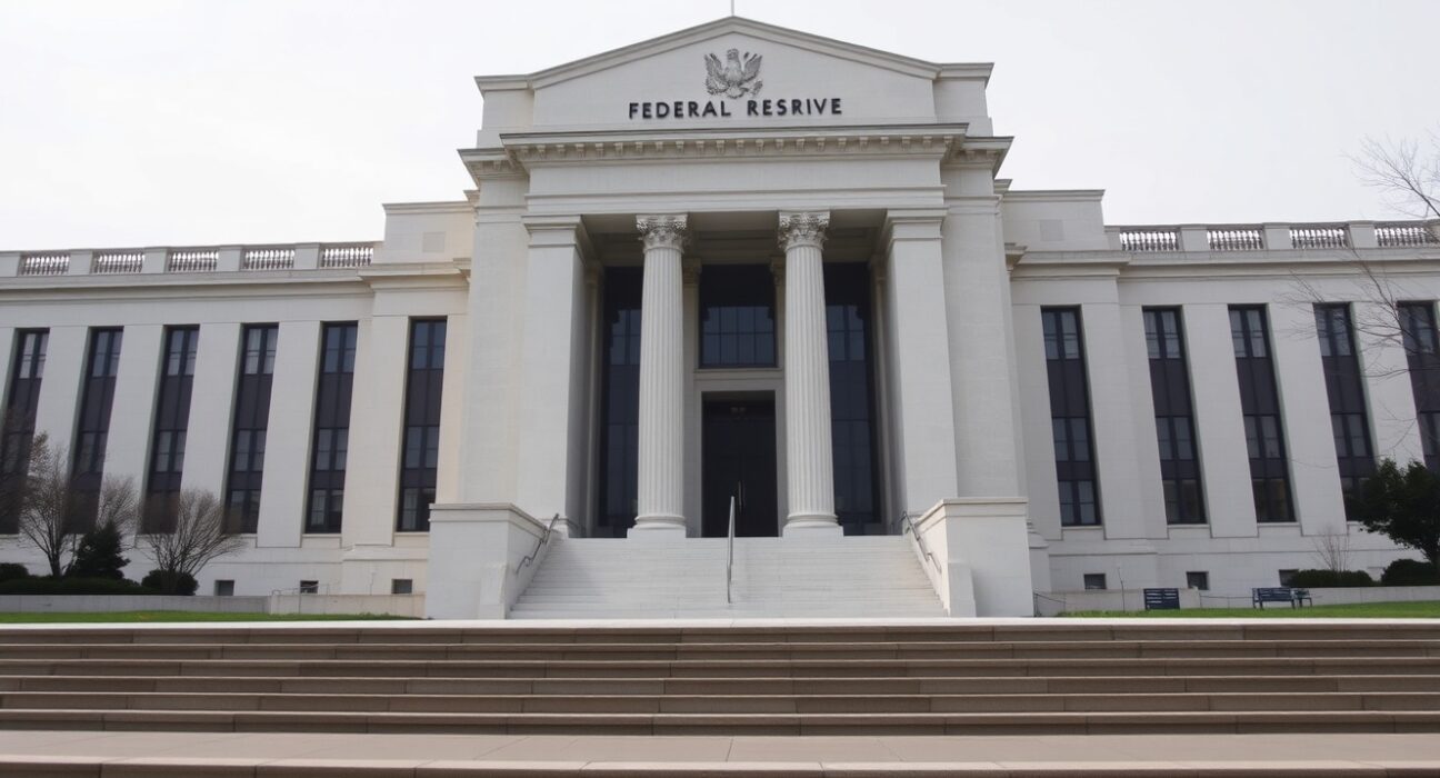 Exterior view of the Federal Reserve building in Washington, D.C., on a cloudy day.