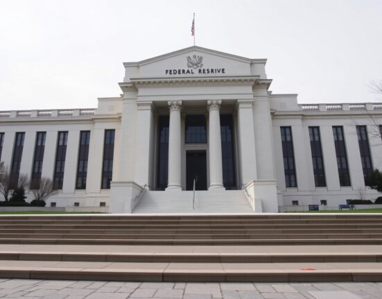 Exterior view of the Federal Reserve building in Washington, D.C., on a cloudy day.