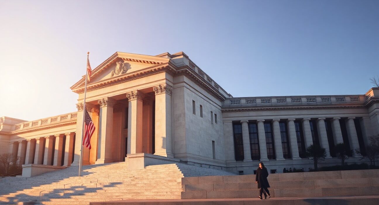 Exterior of the Federal Reserve building in Washington, D.C. during golden hour.