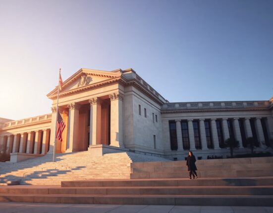 Exterior of the Federal Reserve building in Washington, D.C. during golden hour.