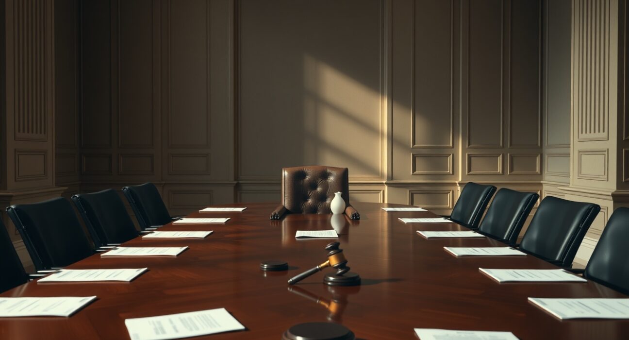 Empty boardroom table at the Federal Reserve headquarters, symbolizing upcoming policy decisions.