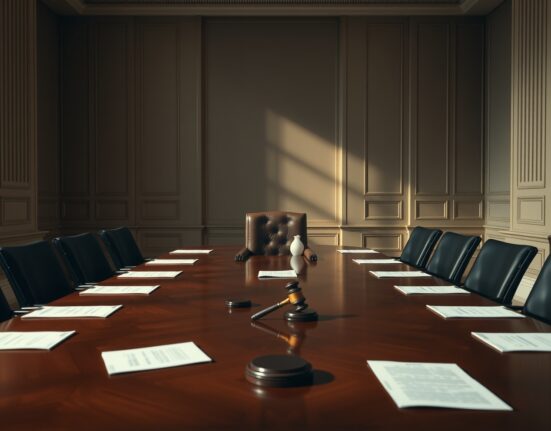 Empty boardroom table at the Federal Reserve headquarters, symbolizing upcoming policy decisions.