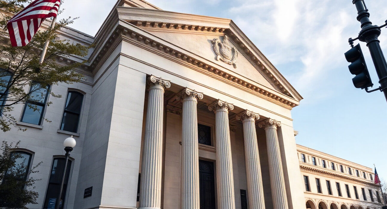 Federal Reserve building in Washington, D.C., under clear sky, symbolizing monetary policy decisions.