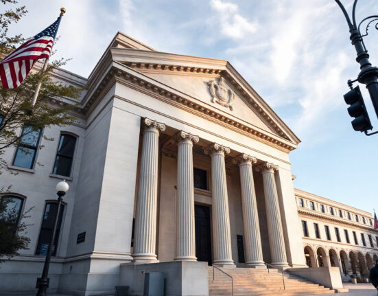Federal Reserve building in Washington, D.C., under clear sky, symbolizing monetary policy decisions.
