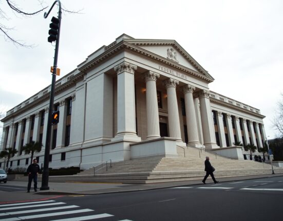 Federal Reserve building in Washington, D.C., under overcast sky