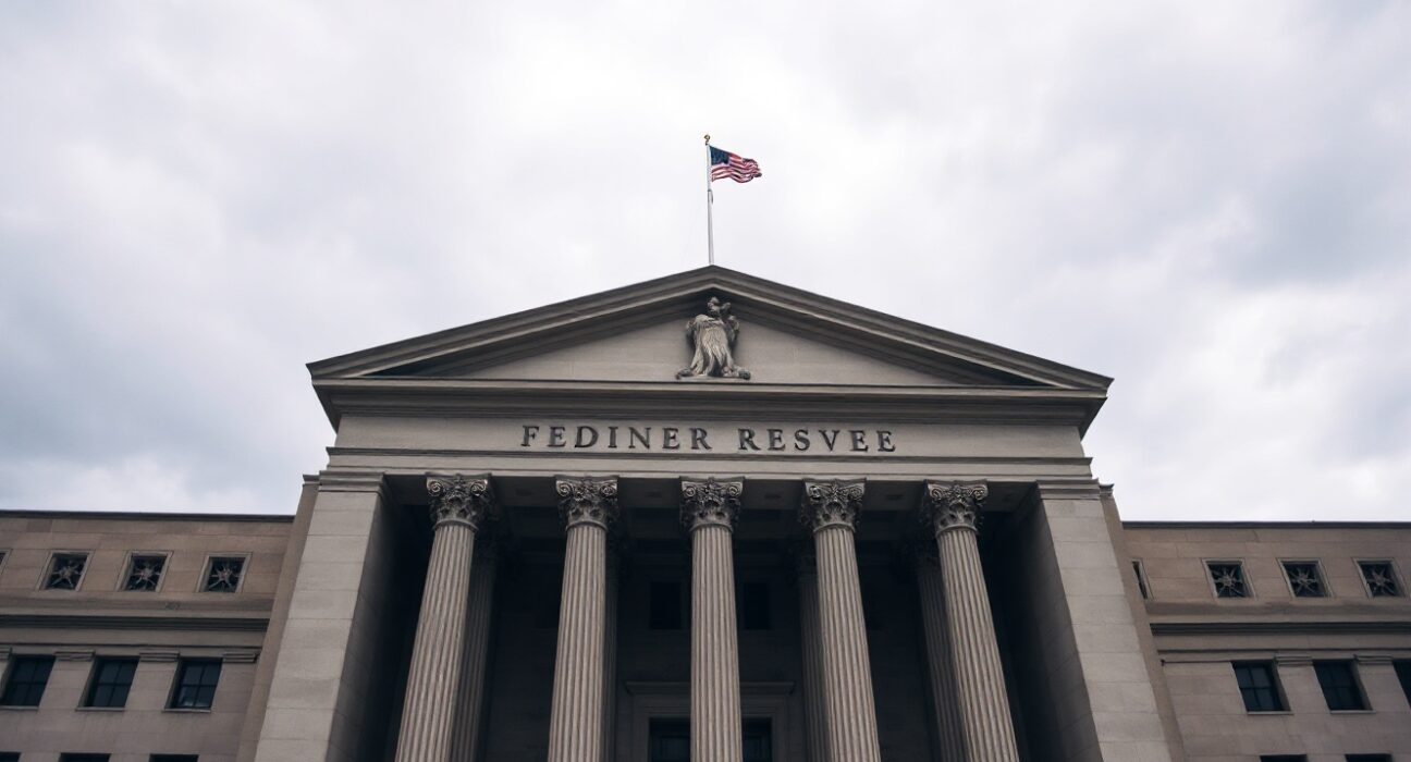 Exterior of the Federal Reserve building in Washington, D.C. on a cloudy day, representing monetary policy decisions.