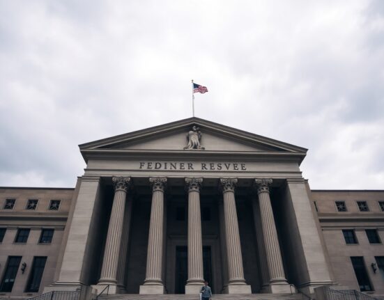 Exterior of the Federal Reserve building in Washington, D.C. on a cloudy day, representing monetary policy decisions.