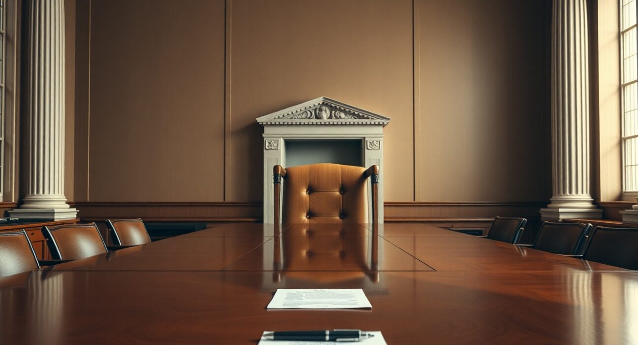 Empty chair at the head of the Federal Reserve boardroom table, representing Kevin Warsh's first FOMC meeting.