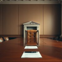 Empty chair at the head of the Federal Reserve boardroom table, representing Kevin Warsh's first FOMC meeting.