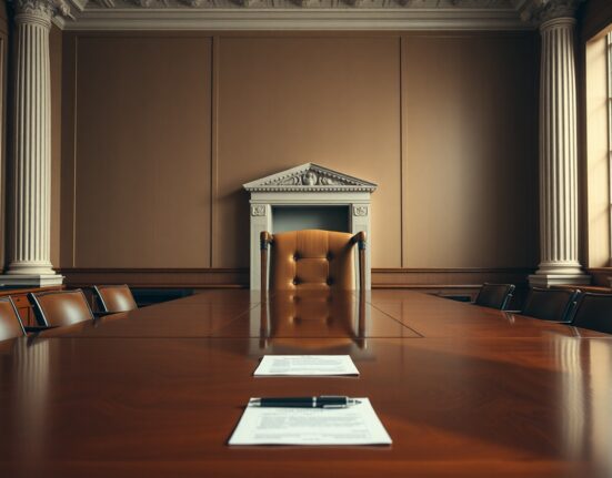 Empty chair at the head of the Federal Reserve boardroom table, representing Kevin Warsh's first FOMC meeting.
