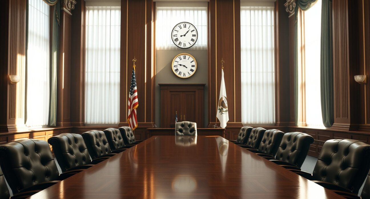 Empty Federal Reserve board room with mahogany table and American flag
