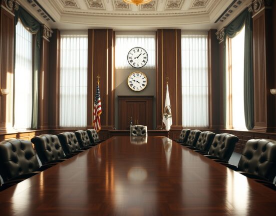Empty Federal Reserve board room with mahogany table and American flag
