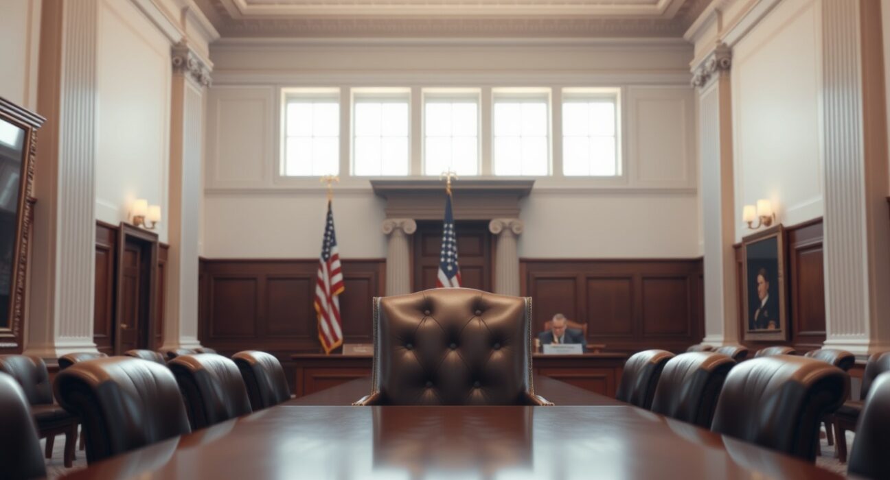 Interior of the Federal Reserve board room with an empty chair at the head of the table.