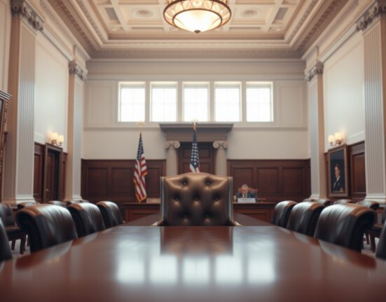 Interior of the Federal Reserve board room with an empty chair at the head of the table.