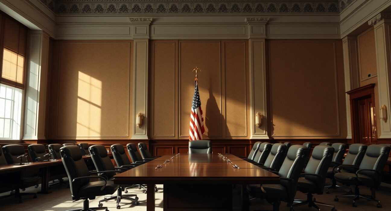 Empty Federal Reserve boardroom with American flag, representing monetary policy decision-making.