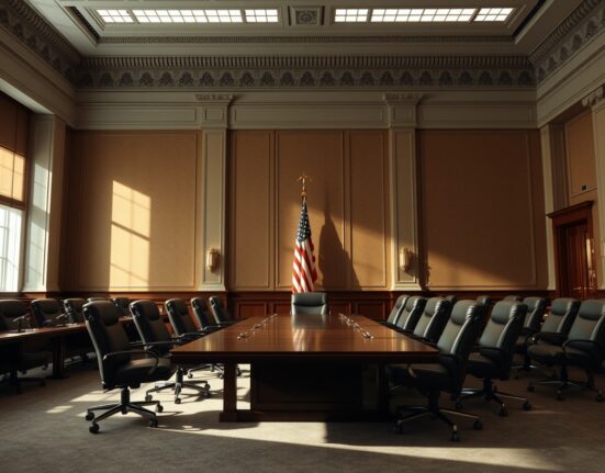 Empty Federal Reserve boardroom with American flag, representing monetary policy decision-making.