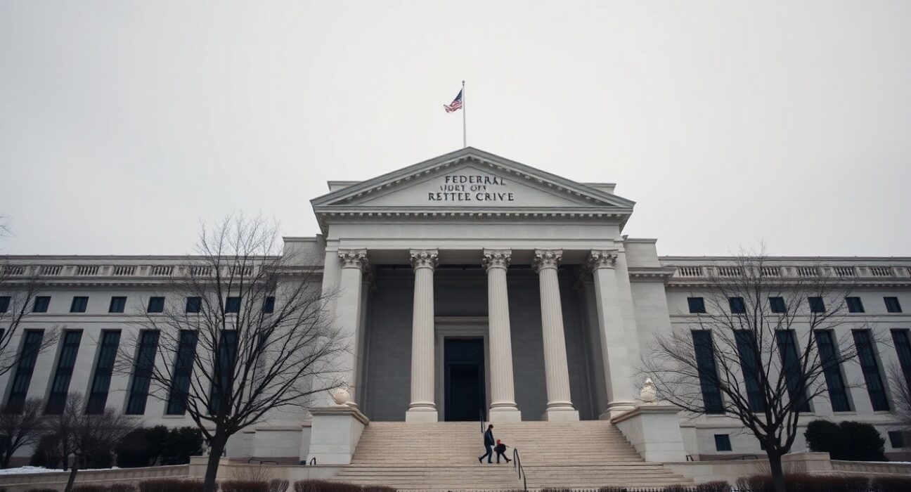 Exterior of the Federal Reserve building in Washington D.C. on a cloudy day, representing monetary policy and inflation concerns.
