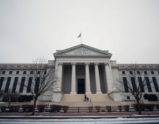 Exterior of the Federal Reserve building in Washington D.C. on a cloudy day, representing monetary policy and inflation concerns.