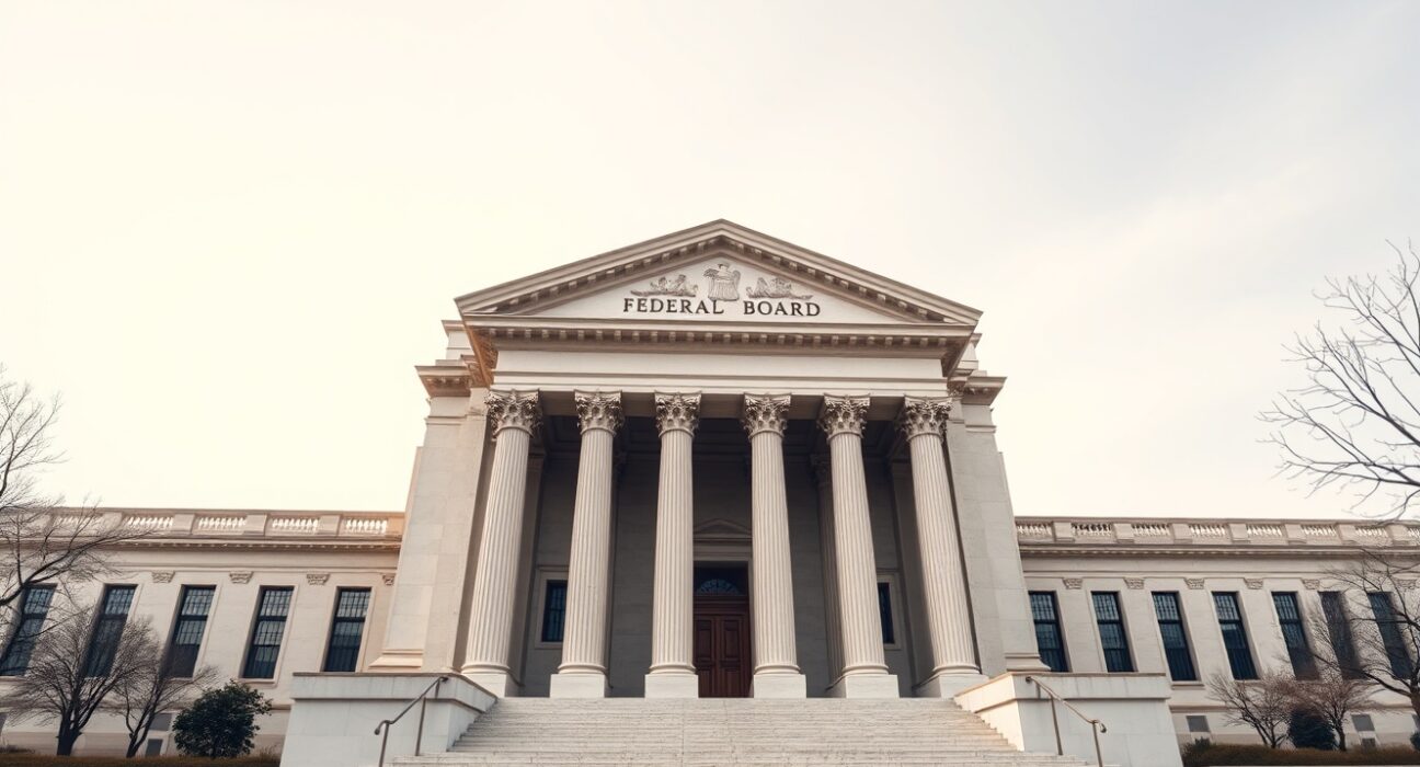Federal Reserve building facade under overcast sky representing neutral monetary policy stance ahead of April FOMC meeting