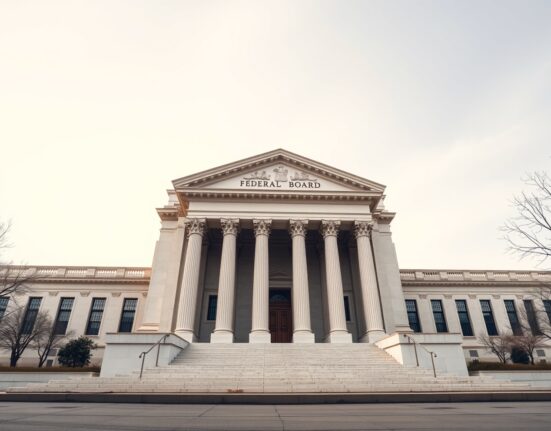 Federal Reserve building facade under overcast sky representing neutral monetary policy stance ahead of April FOMC meeting