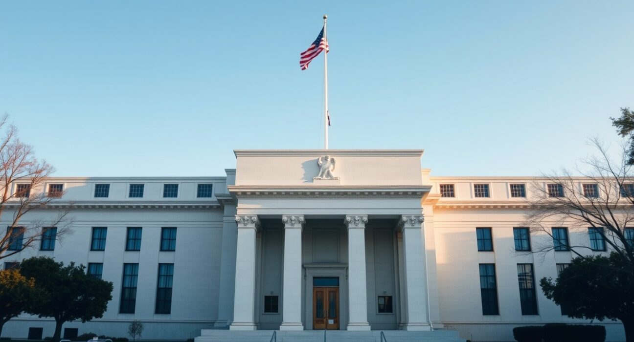 Federal Reserve building in Washington, D.C., on a clear morning