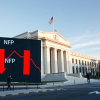 Federal Reserve building with economic dashboard showing conflicting NFP and oil price indicators