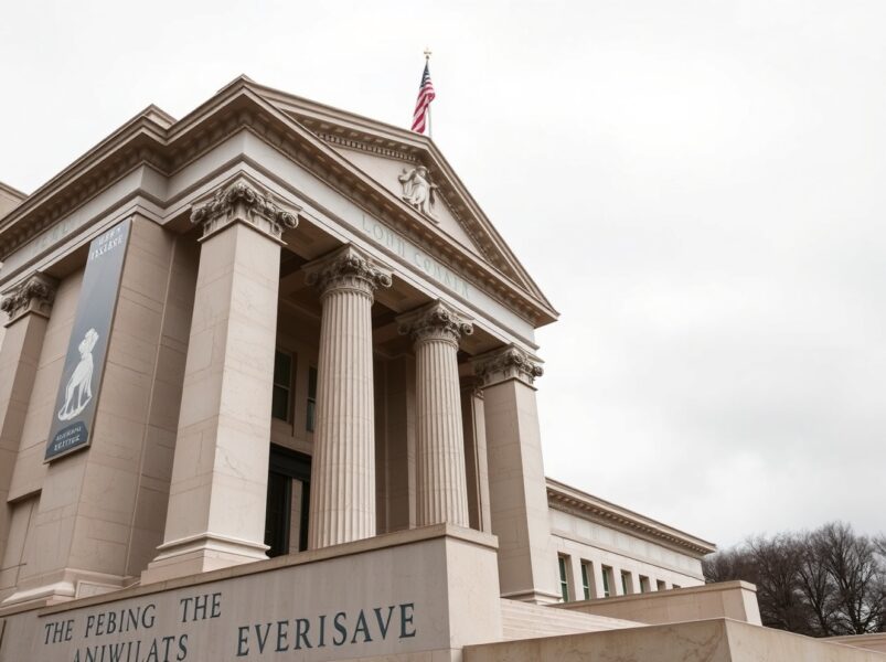 Federal Reserve building in Washington DC under overcast sky, representing steady outlook and war risks analyzed by Rabobank.