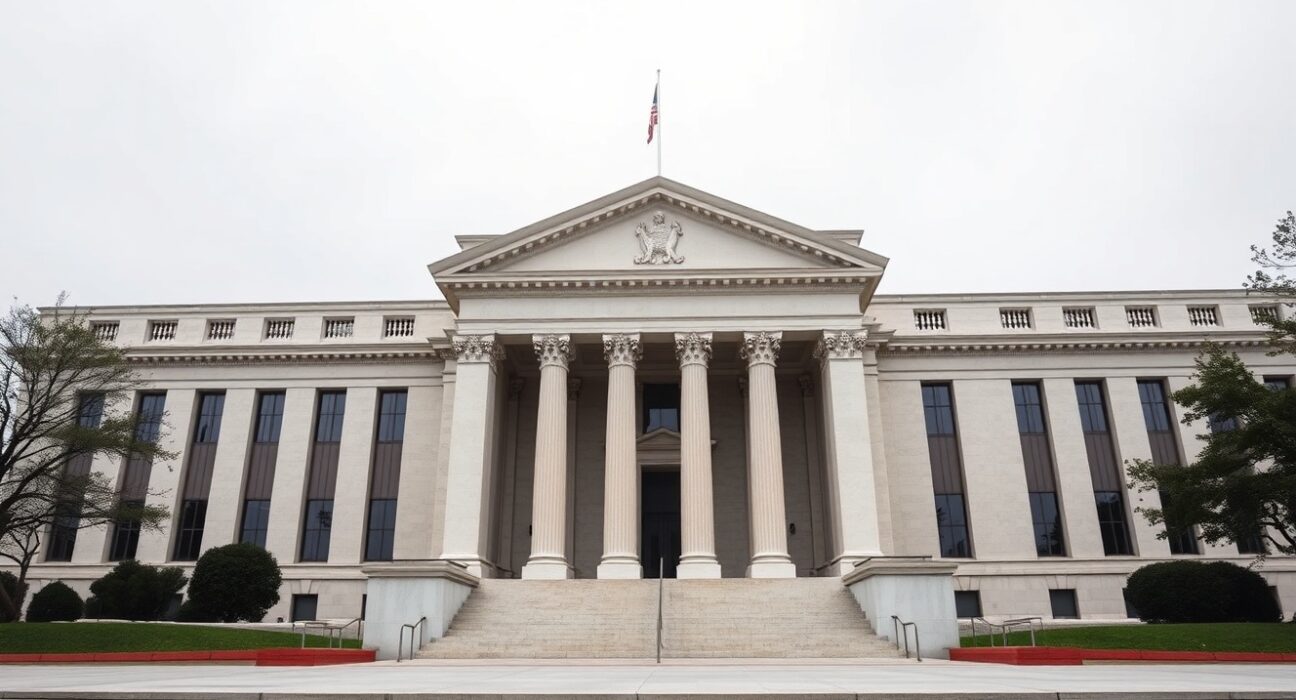 Federal Reserve building exterior with columns and steps under overcast sky, representing monetary policy and Fed patience on rate cuts.