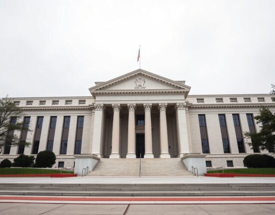 Federal Reserve building exterior with columns and steps under overcast sky, representing monetary policy and Fed patience on rate cuts.
