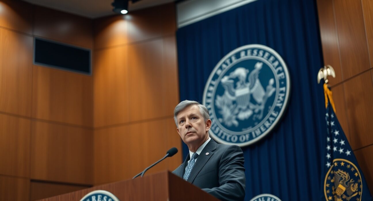Federal Reserve Governor speaking at a press conference about interest rate policy and inflation.