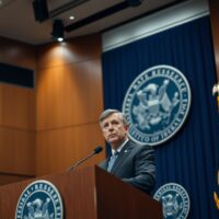 Federal Reserve Governor speaking at a press conference about interest rate policy and inflation.