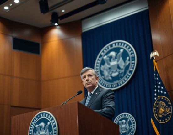 Federal Reserve Governor speaking at a press conference about interest rate policy and inflation.