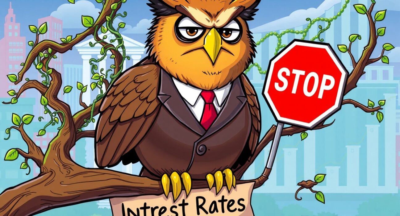 A cartoon Federal Reserve owl holding a stop sign, symbolizing the crucial pause in rate cuts.