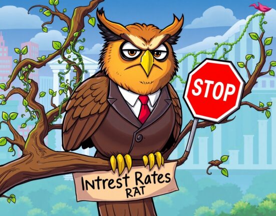 A cartoon Federal Reserve owl holding a stop sign, symbolizing the crucial pause in rate cuts.