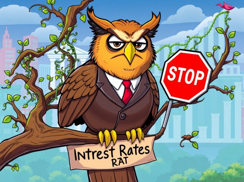 A cartoon Federal Reserve owl holding a stop sign, symbolizing the crucial pause in rate cuts.