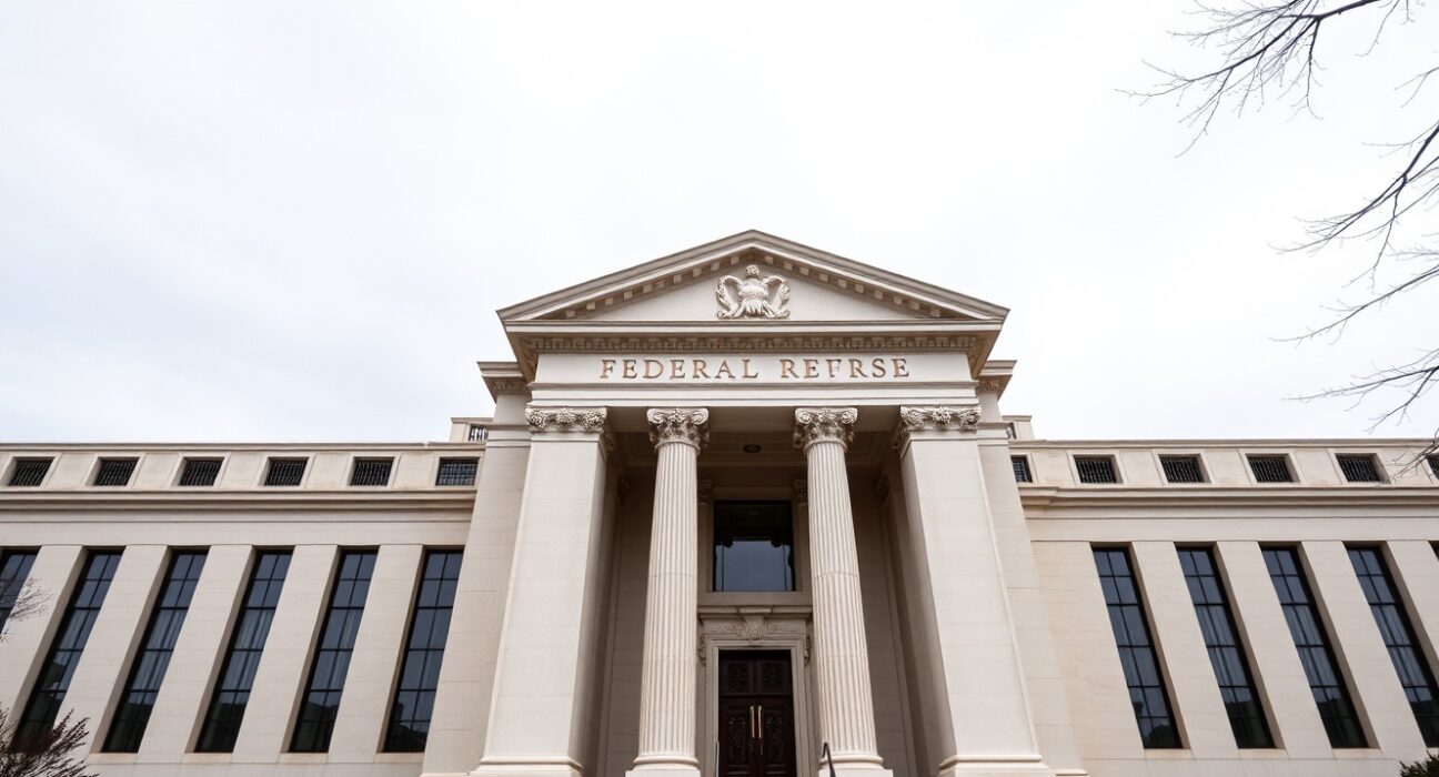 Federal Reserve building in Washington D.C. under overcast sky