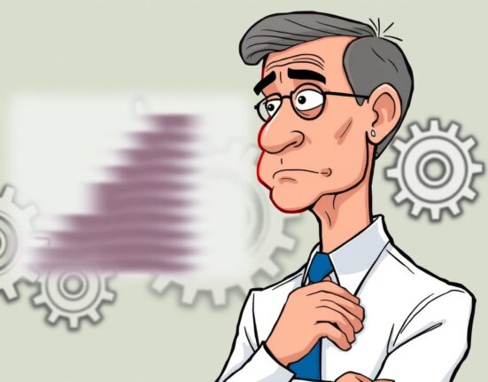A cartoon illustration showing Jerome Powell pondering incomplete data, symbolizing potential delays in Fed policy adjustments due to economic uncertainty.