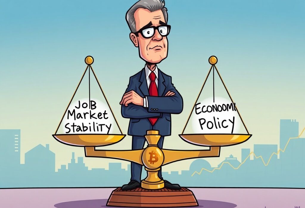 A cartoon image of Jerome Powell carefully balancing the economy, symbolizing his approach to Fed policy adjustments amidst a stable job market.
